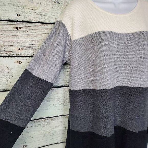 Vince Camuto Large Colorblock Knit Hoodie Sweater Brown Beige Gray Stripe Pullov - Picture 3 of 7